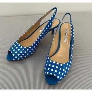 New-Oscar De La Renta Blue and White Snakeskin Embossed Leather Open Toe Pump4